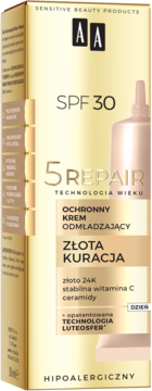 Krem do twarzy AA 5REPAIR Złota Kuracja SPF 30 w złoto-beżowym pudełku, widok z przodu.