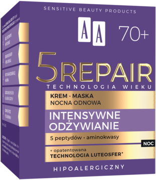 Fioletowe pudełko kremu AA 5 Repair 70+ Hipoalergiczny krem-maska nocna Odżywianie, widok pod kątem.