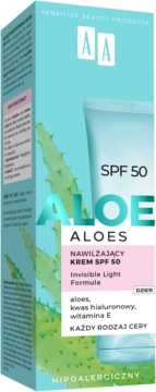 AA Aloes nawilżający krem SPF 50 w niebiesko-zielonym opakowaniu z grafiką aloesu, widok przód/bok.