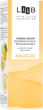 AA LAAB Tetra-C Yuzu serum rozświetlająco-wygładzające, żółte pudełko z cytryną, widok z przodu.