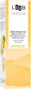 AA LAAB Krem-perfector SPF 50 PA++++ rozświetlająco-nawilżający z Tetra-C Yuzu, biało-żółte pudełko, widok z przodu.