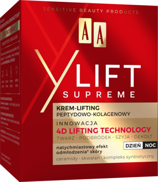 Czerwone opakowanie kremu AA YLIFT Supreme, peptydowo-kolagenowy lifting, z 4D Lifting Technology, na dzień i noc.