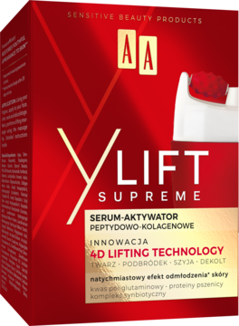 Czerwone opakowanie AA YLift Supreme serum peptydowo-kolagenowe z masażerem, widok pod kątem, z napisem 4D Lifting Technology.