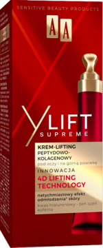 Czerwone opakowanie AA YLIFT SUPREME, peptydowo-kolagenowy krem pod oczy, widok z przodu i boku.