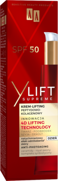 Czerwone opakowanie i złoty flakon AA Y Lift Supreme SPF 50 KREM-LIFTING peptydowo-kolagenowy, widok z przodu.