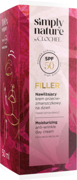 Różowo-białe opakowanie kremu Simply Nature Clochee Filler SPF 50, widok pod kątem, z napisem 50ml.