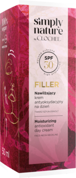 Kartonik Clochee Simply Nature Filler SPF 30 kremu nawilżającego, magenta ze złotym wzorem twarzy, widok z przodu pod kątem.