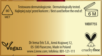 Tylna złota etykieta kremu pod oczy Lirene: ikony Vegan i cruelty-free, adres, testy dermatologiczne, PAO.