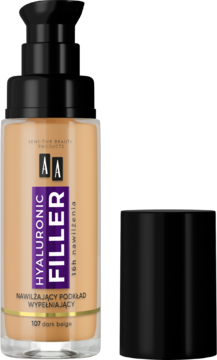 AA Hyaluronic Filler 107 Dark Beige, nawilżający podkład w butelce z pompką, nakrętka obok.