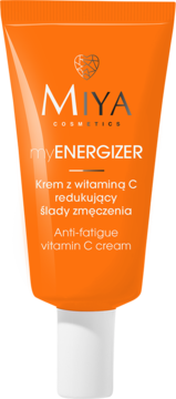 MIYA myENERGIZER Krem z witaminą C, pomarańczowa tuba z białym korkiem, widok z przodu.