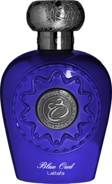 Ciemnoniebieski flakon perfum Lattafa Blue Oud z rzeźbionym srebrnym korkiem i ozdobnym medalionem, widok z przodu.