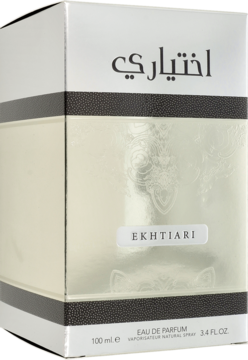 Perfumy Ekhtiari Eau de Parfum 100ml w biało-srebrnym, błyszczącym pudełku z arabskim napisem, widok z przodu.