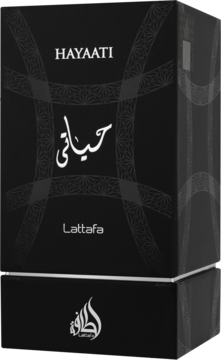 Lattafa Hayaati, czarne opakowanie perfum arabskich z białym napisem i arabskim pismem, widok z przodu.