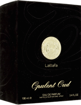 Czarne, eleganckie pudełko perfum Lattafa Opulent Oud EDP 100ml, ze złotym logo i napisami, widok z boku.