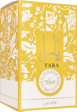 Złote pudełko perfum Lattafa Yara EDP 100ml z białymi wzorami, widok z przodu pod lekkim kątem.