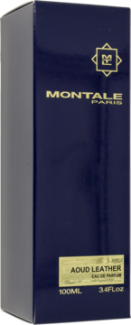 Montale Aoud Leather, eleganckie, ciemnogranatowe opakowanie perfum 100ml ze złotymi napisami, widok z przodu.