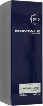Montale Patchouli Leaves, ciemnoniebieskie opakowanie perfum z białym logo i napisami, widok pod kątem.