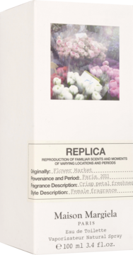 Białe pudełko Maison Margiela Replica Flower Market 100ml EDT, z przodu etykieta i kolorowe zdjęcie kwiatów.