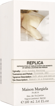 Maison Margiela Replica Lazy Sunday Morning, białe pudełko wody toaletowej 100ml z obrazkiem osoby w łóżku.