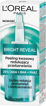 Białe opakowanie L'Oréal Bright Reveal peeling kwasowy 25% AHA+BHA+PHA, redukuje przebarwienia i niedoskonałości.