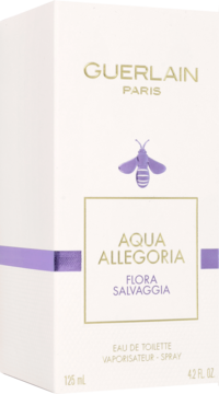 Białe pudełko Guerlain Aqua Allegoria Flora Salvaggia Eau de Toilette z fioletowym motywem pszczoły, widok z przodu.