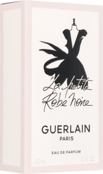 Guerlain La Petite Robe Noire, przód biało-różowego opakowania perfum z czarną ilustracją sukienki.