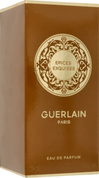 Guerlain Epices Exquises woda perfumowana, ciemnobrązowe pudełko z złotym logo, widok z przodu pod kątem.