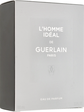 Eleganckie, szare pudełko perfum Guerlain L'Homme Ideal EDP, z białym napisem, widok z przodu pod kątem.