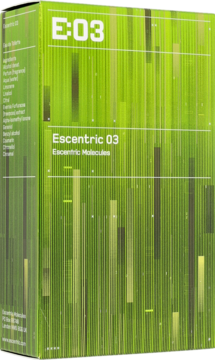 Zielone pudełko Escentric Molecules Escentric 03 unisex woda toaletowa, widok z przodu pod kątem.