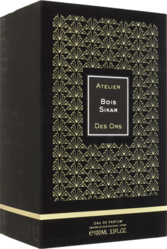 Czarne pudełko perfum unisex Atelier Bois Sikar Des Ors ze złotym wzorem art deco, widok z przodu.