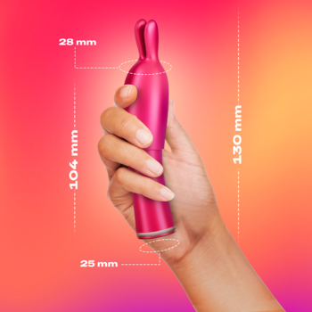 Fuksjowy Durex Play Wibrator 2w1 z końcówką stymulującą, trzymany w dłoni, z widocznymi wymiarami.