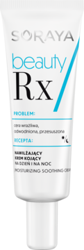 Biała tubka kremu Soraya Beauty RX, nawilżający krem kojący do twarzy, do skóry wrażliwej. Widok z przodu.