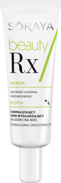 Biała tubka Soraya Beauty Rx, normalizujący krem wygładzający do twarzy, na dzień i noc, widok z przodu.