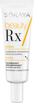 Biała tubka kremu Soraya Beauty Rx Rozjaśniający Korygujący, widok z przodu, z pomarańczowymi akcentami.