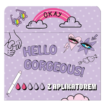 Młodzieżowe fioletowe opakowanie tamponów organicznych mini z aplikatorem, z grafiką tęczy i "HELLO GORGEOUS!".