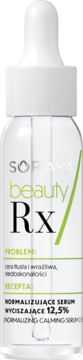Soraya Beauty Rx normalizujące serum w szklanej butelce z kroplomierzem, zielone detale, widok frontalny.