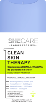 Butelka Shecare Clean Skin Therapy, esencja kwasowa do ciała, biała z niebieską nakrętką, widoczny kwas migdałowy i glikolowy, widok z przodu.