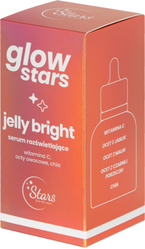 Czerwono-pomarańczowe, połyskujące pudełko serum Glow Stars Jelly Bright z witaminą C, widok z przodu pod kątem.