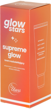 Pomarańczowo-różowe pudełko Glow Stars Supreme Glow, krem rozświetlający z witaminą C, widok z przodu i boku.