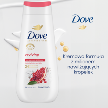 Biały żel pod prysznic Dove Advanced Care Reviving z granatem, widok z przodu, butelka z różową nakrętką i kremową formułą.
