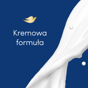 Dove Advanced Care żel pod prysznic: biały rozprysk kremowej formuły na niebieskim tle z logo i tekstem.