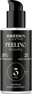 Czarny peeling kwasowy Routines by Alkmie, z kwasem migdałowym i azelainowym, butelka z pompką, widok z przodu.