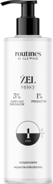 Biały żel myjący Routines by Alkmie z czarną pompką, widok z przodu. Etykieta: 5% kompleks minerałów, 1% prebiotyk.