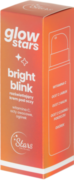 Glow Stars Bright Blink rozświetlający krem pod oczy w pomarańczowo-czerwonym pudełku, widok z przodu.