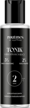 Tonik mikrozłuszczający Routines by Alkmie w czarnej butelce, widok z przodu, z białymi napisami.