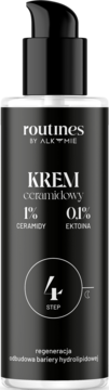 Czarna butelka kremu do twarzy Alkmie Routines z pompką. Widok z przodu, białe napisy, ceramidy, ektoina, regeneracja.