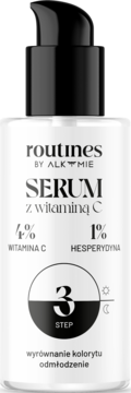 Białe serum do twarzy Alkmie Routines z witaminą C, z czarną pompką, widok z przodu, wyrównuje koloryt.