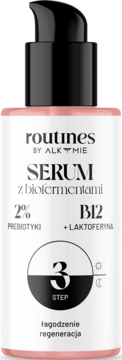 Łagodzące serum Routines by Alkmie z biofermentami i B12, w różowej butelce z pompką, widok z przodu.