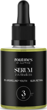 Serum Routines by Alkmie z retinalem, czarna butelka z kroplomierzem, zielone brzegi etykiety, widok z przodu.
