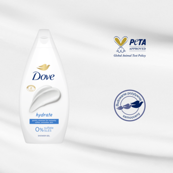 Nawilżający żel pod prysznic Dove Hydrate, biała butelka z kremową kroplą, widok z przodu na białym tle. Logo PETA.